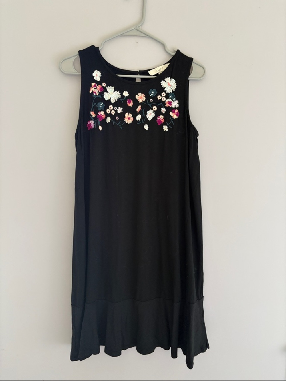 LOFT Black Sleeveless Mini Dress with Multicolor Floral Embroidery